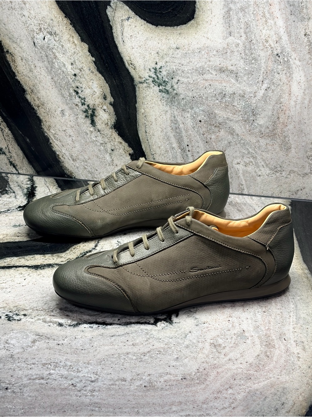 Santoni Club Olive Leather Textile Sneakers UK 10.5 US 11.5 Italy NWOT